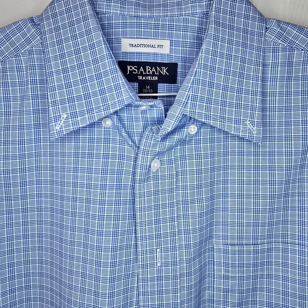 Jos A Bank Traveler Shirt Mens 16 32/33 Blue Plaid Traditional Fit Cotton